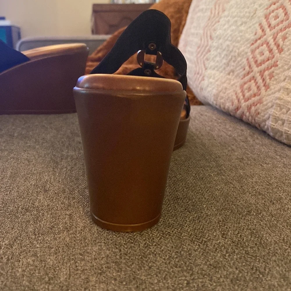 Italian Shoemakers Black Nylon Brass And Leather Wedge Sandal Womens Size 9 - Picture 5 of 15